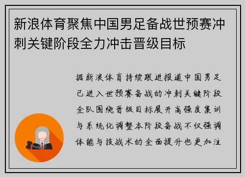 新浪体育聚焦中国男足备战世预赛冲刺关键阶段全力冲击晋级目标